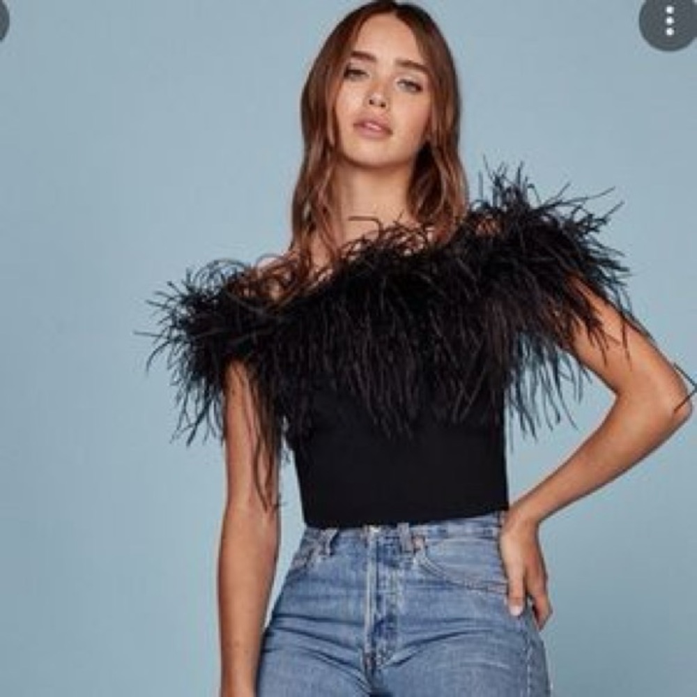 Reformation Off Shoulder Feather Top